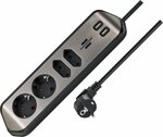 corner extension lead with USB charging function 4-way 2x earthed sockets & 2x Euro sockets silver black