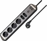 estilo corner extension lead with USB charging function 6-way 4x earthed sockets & 2x Euro silver black