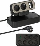 Duplex Desktop Power Strip with surge protection, 2x Keystone modules, 9x protective contact sockets, silver black