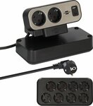 Duplex Desktop Power Strip, 1x USB C, 1x USB A, 10x protective contact sockets, silver black