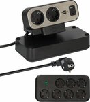 Duplex Desktop Power Strip with surge protection, 1x USB C, 1x USB A, 9x protective contact sockets, silver black