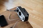 Duplex Desktop Power Strip with surge protection, 1x USB C, 1x USB A, 9x protective contact sockets, silver black