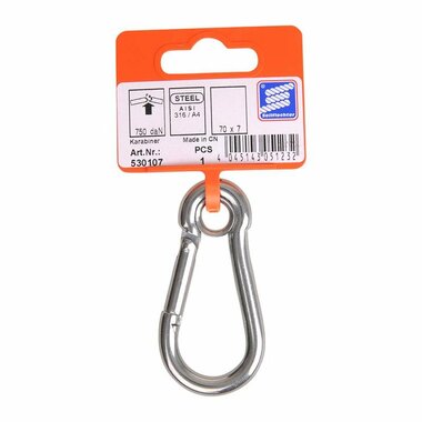 Carabiner hook 70x7mm, with closed eye, A4 stainless steel AISI 316, 750 daN
