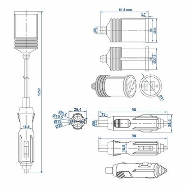 Extension cable 1M with USB charger 2-way type A 12V/24V