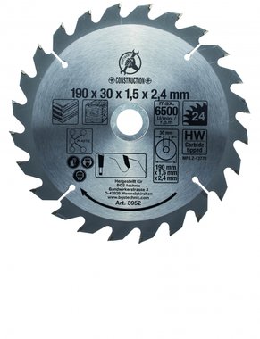 Carbide Tipped Circular Saw Blade, Diameter 190 mm, 24 tooth